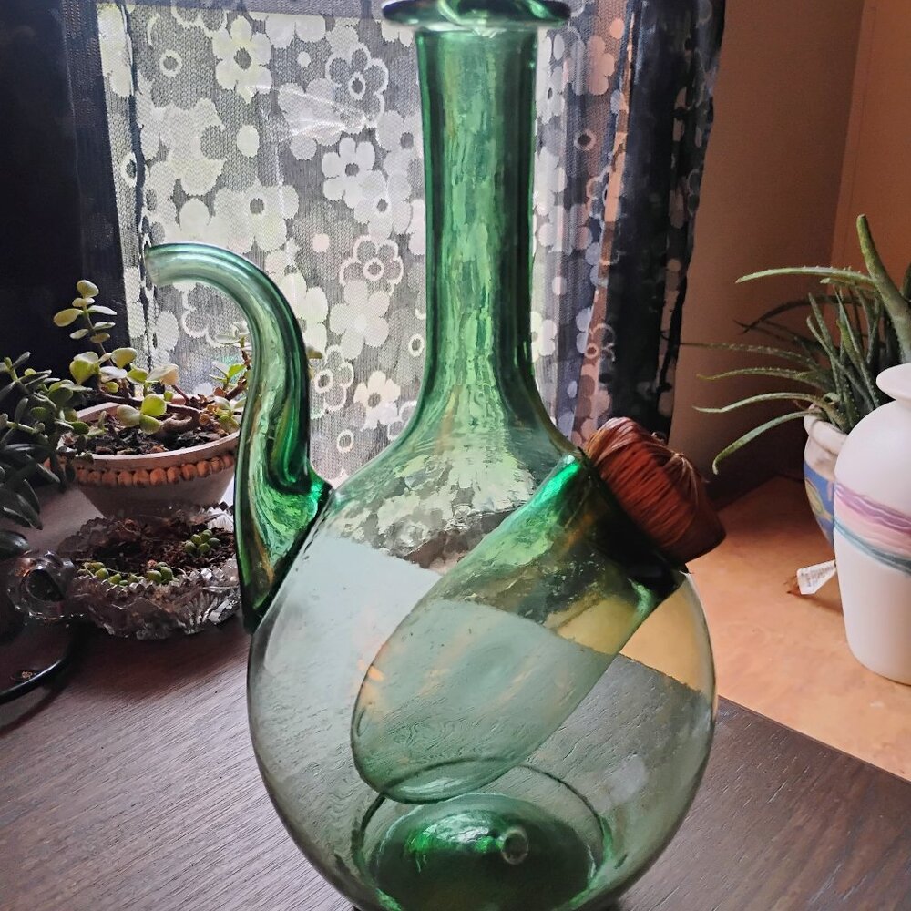 Vintage Italian Empoli Green Glass Wine Decanter With Ice Chamber